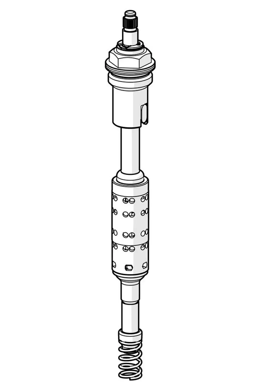 Pressostatische Patrone von HANSA in zylindrischer Form mit einer Feder am unteren Ende und mehreren Durchbohrungen im mittleren Bereich.